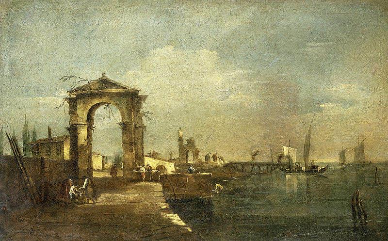 Francesco Guardi Landschap met een kade en schepen op een meer oil painting picture